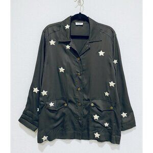 Storia Top Womens Medium Army Green Embroidered Star Snap Front Military Boho